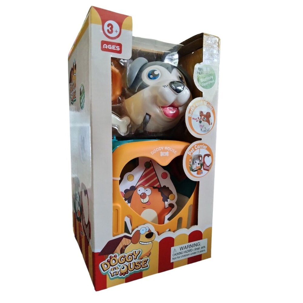 Doggy House Pet Carrier Toy Set Battery Operated Barks Walks With Accessories